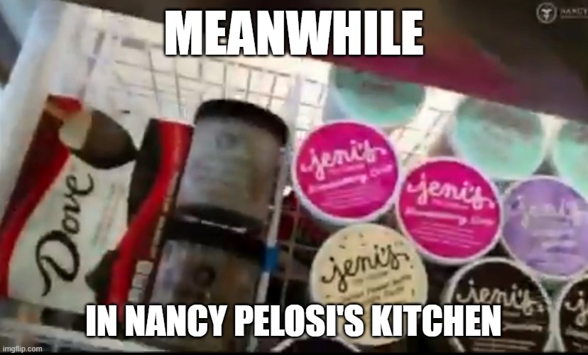 Nancy Pelosi's Ice Cream Fridge | MEANWHILE; IN NANCY PELOSI'S KITCHEN | image tagged in pelosi,nancy pelosi,ice cream | made w/ Imgflip meme maker
