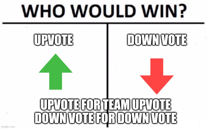 Who Would Win? Meme | UPVOTE; DOWN VOTE; UPVOTE FOR TEAM UPVOTE
DOWN VOTE FOR DOWN VOTE | image tagged in memes,who would win | made w/ Imgflip meme maker