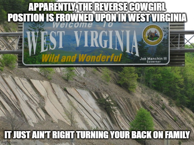 Just Another WV Joke... | APPARENTLY, THE REVERSE COWGIRL POSITION IS FROWNED UPON IN WEST VIRGINIA; IT JUST AIN'T RIGHT TURNING YOUR BACK ON FAMILY | image tagged in west virginia | made w/ Imgflip meme maker