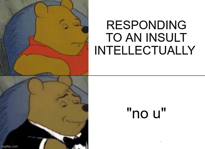 Tuxedo Winnie The Pooh | RESPONDING TO AN INSULT INTELLECTUALLY; "no u" | image tagged in memes,tuxedo winnie the pooh | made w/ Imgflip meme maker