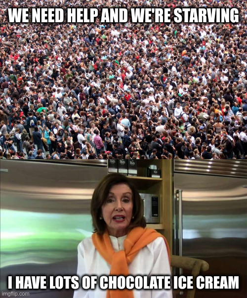 Let them eat ice cream | WE NEED HELP AND WE'RE STARVING; I HAVE LOTS OF CHOCOLATE ICE CREAM | image tagged in large crowd of people,let them eat cake,nancy pelosi,government corruption,out of touch | made w/ Imgflip meme maker