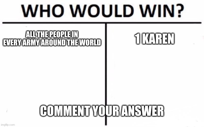 Who Would Win? | ALL THE PEOPLE IN EVERY ARMY AROUND THE WORLD; 1 KAREN; COMMENT YOUR ANSWER | image tagged in memes,who would win | made w/ Imgflip meme maker