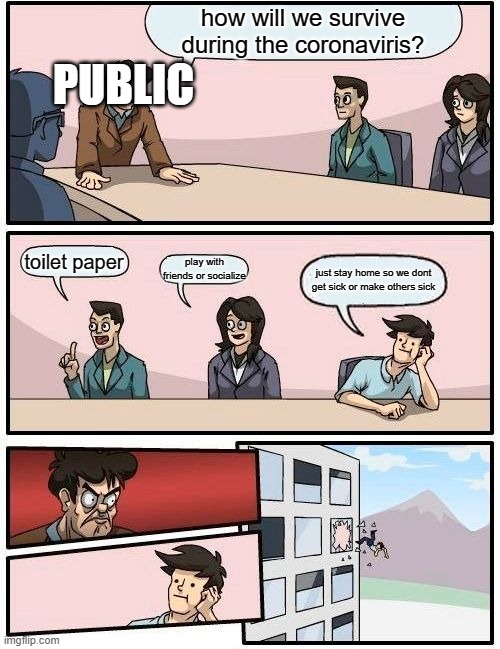 Boardroom Meeting Suggestion | how will we survive during the coronaviris? PUBLIC; toilet paper; play with friends or socialize; just stay home so we dont get sick or make others sick | image tagged in memes,boardroom meeting suggestion | made w/ Imgflip meme maker