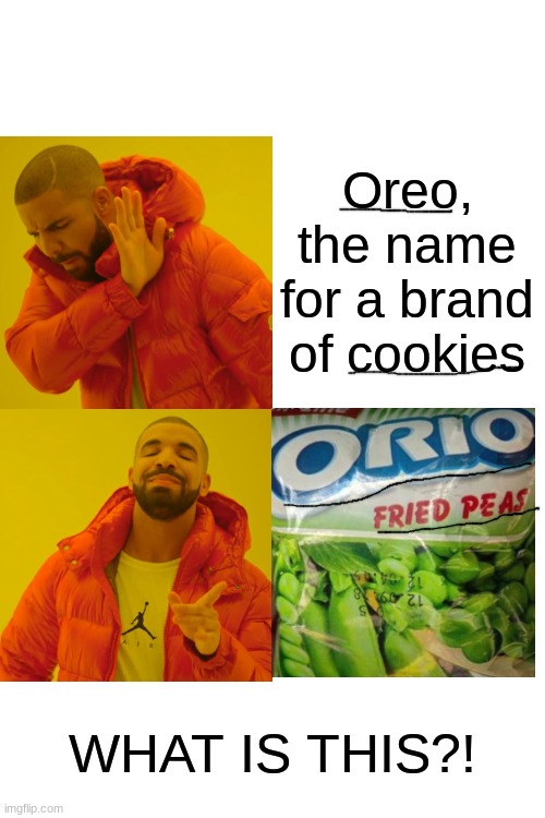 Drake Hotline Bling | Oreo, the name for a brand of cookies; WHAT IS THIS?! | image tagged in memes,drake hotline bling | made w/ Imgflip meme maker