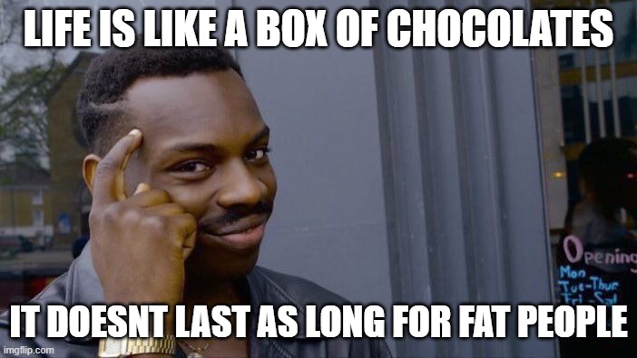 If this offends you, here's a tip, take a joke. | LIFE IS LIKE A BOX OF CHOCOLATES; IT DOESNT LAST AS LONG FOR FAT PEOPLE | image tagged in memes,roll safe think about it,funny,fat shame,fat,guys help im stuck in my uncles basement guys help please | made w/ Imgflip meme maker