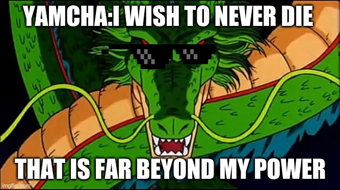 DBZ Shenron | YAMCHA:I WISH TO NEVER DIE; THAT IS FAR BEYOND MY POWER | image tagged in dbz shenron | made w/ Imgflip meme maker