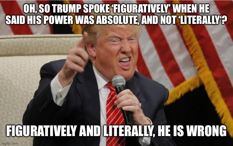 Keep making excuses | OH, SO TRUMP SPOKE ‘FIGURATIVELY’ WHEN HE SAID HIS POWER WAS ABSOLUTE, AND NOT ‘LITERALLY‘? FIGURATIVELY AND LITERALLY, HE IS WRONG | image tagged in liar,dictator,con man,trump,donald trump | made w/ Imgflip meme maker