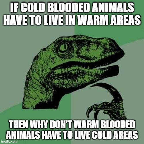 hmmmmmm | IF COLD BLOODED ANIMALS HAVE TO LIVE IN WARM AREAS; THEN WHY DON'T WARM BLOODED ANIMALS HAVE TO LIVE COLD AREAS | image tagged in memes,philosoraptor | made w/ Imgflip meme maker