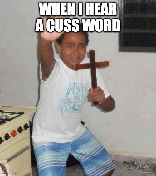 kid with cross | WHEN I HEAR A CUSS WORD | image tagged in kid with cross | made w/ Imgflip meme maker