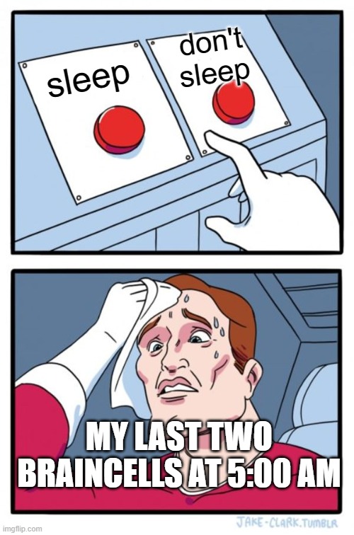 Two Buttons Meme | don't sleep; sleep; MY LAST TWO BRAINCELLS AT 5:00 AM | image tagged in memes,two buttons | made w/ Imgflip meme maker