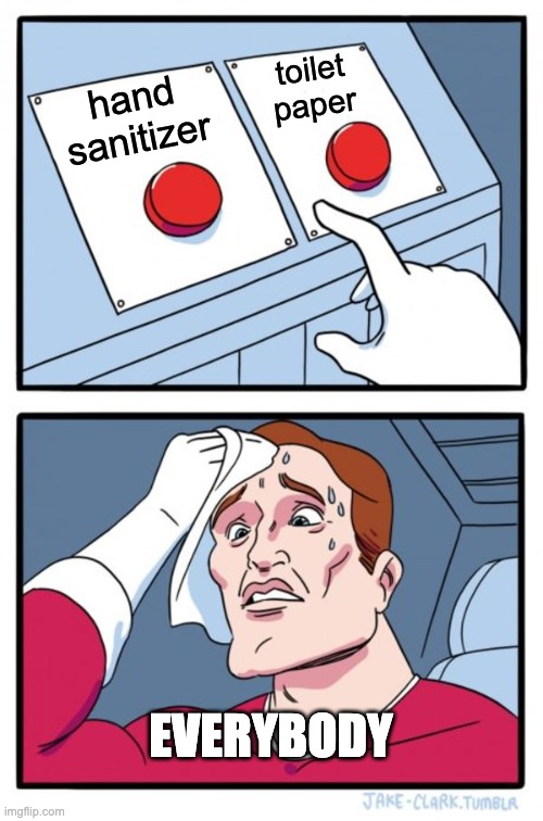 Two Buttons Meme | toilet paper; hand sanitizer; EVERYBODY | image tagged in memes,two buttons | made w/ Imgflip meme maker