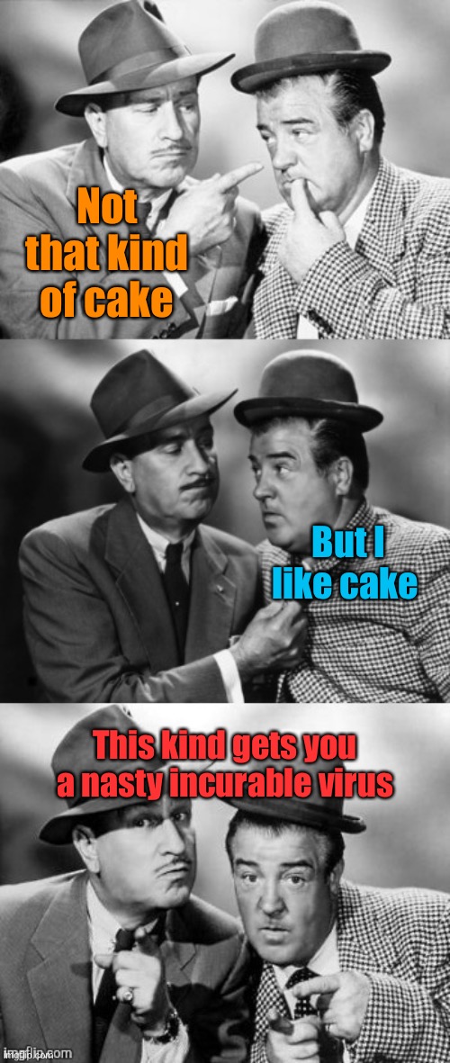Abbott and costello crackin' wize | Not that kind of cake But I like cake This kind gets you a nasty incurable virus | image tagged in abbott and costello crackin' wize | made w/ Imgflip meme maker
