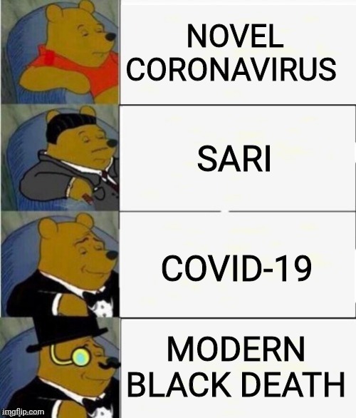 Tuxedo Winnie the Pooh 4 panel | NOVEL CORONAVIRUS; SARI; COVID-19; MODERN BLACK DEATH | image tagged in tuxedo winnie the pooh 4 panel | made w/ Imgflip meme maker