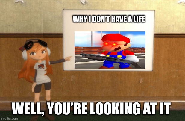 SMG4s Meggy pointing at board | WHY I DON’T HAVE A LIFE; WELL, YOU’RE LOOKING AT IT | image tagged in smg4s meggy pointing at board | made w/ Imgflip meme maker