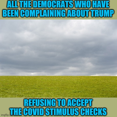 Funny how cashing those checks in was so easy despite Orangeman being so bad | ALL THE DEMOCRATS WHO HAVE BEEN COMPLAINING ABOUT TRUMP; REFUSING TO ACCEPT THE COVID STIMULUS CHECKS | image tagged in empty field,show me the money,covid-19,check | made w/ Imgflip meme maker
