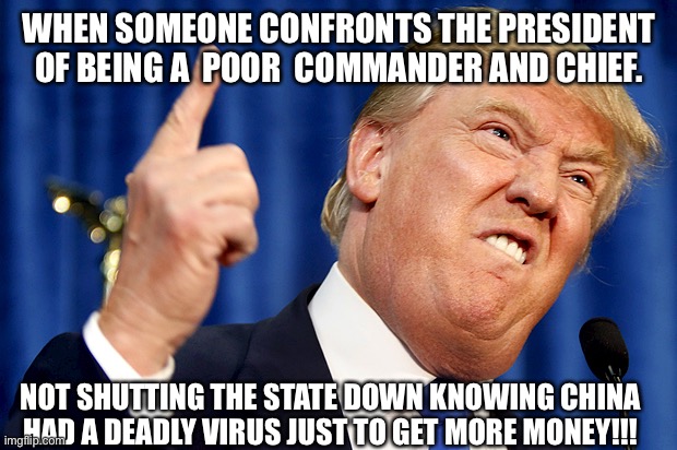 Donald Trump | WHEN SOMEONE CONFRONTS THE PRESIDENT OF BEING A  POOR  COMMANDER AND CHIEF. NOT SHUTTING THE STATE DOWN KNOWING CHINA HAD A DEADLY VIRUS JUST TO GET MORE MONEY!!! | image tagged in donald trump | made w/ Imgflip meme maker