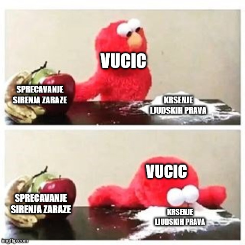 elmo cocaine | VUCIC; SPRECAVANJE SIRENJA ZARAZE; KRSENJE LJUDSKIH PRAVA; VUCIC; SPRECAVANJE SIRENJA ZARAZE; KRSENJE LJUDSKIH PRAVA | image tagged in elmo cocaine | made w/ Imgflip meme maker