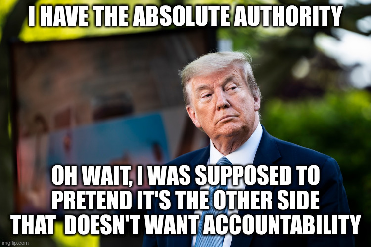 I HAVE THE ABSOLUTE AUTHORITY OH WAIT, I WAS SUPPOSED TO PRETEND IT'S THE OTHER SIDE THAT  DOESN'T WANT ACCOUNTABILITY | made w/ Imgflip meme maker