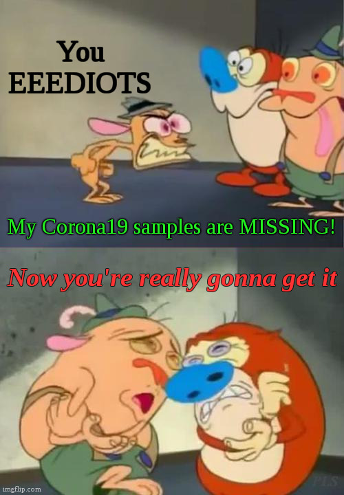 Ren gets triggered | You EEEDIOTS; My Corona19 samples are MISSING! Now you're really gonna get it | image tagged in angry ren scared stimpy  sven,fun,politics,covid-19,memes | made w/ Imgflip meme maker