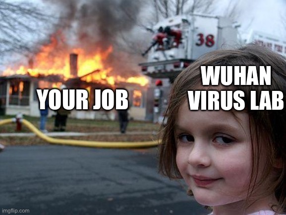Disaster Girl Meme | WUHAN VIRUS LAB; YOUR JOB | image tagged in memes,disaster girl | made w/ Imgflip meme maker