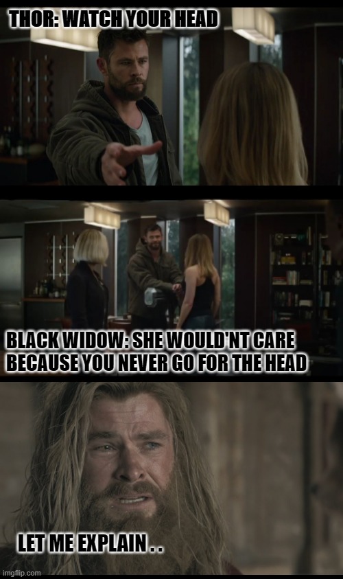 THOR: WATCH YOUR HEAD; BLACK WIDOW: SHE WOULD'NT CARE BECAUSE YOU NEVER GO FOR THE HEAD; LET ME EXPLAIN . . | image tagged in marvel memes,avengers endgame | made w/ Imgflip meme maker