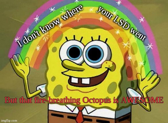 Imagination Spongebob | your LSD went; I don't know where; But that fire-breathing Octopus is AWESOME | image tagged in memes,imagination spongebob,fun,lsd,spongebob | made w/ Imgflip meme maker