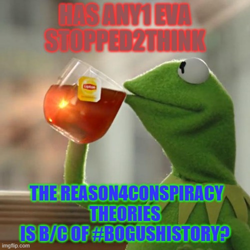 But That's None Of My Business | HAS ANY1 EVA STOPPED2THINK; THE REASON4CONSPIRACY THEORIES
IS B/C OF #BOGUSHISTORY? | image tagged in memes,but that's none of my business,kermit the frog | made w/ Imgflip meme maker