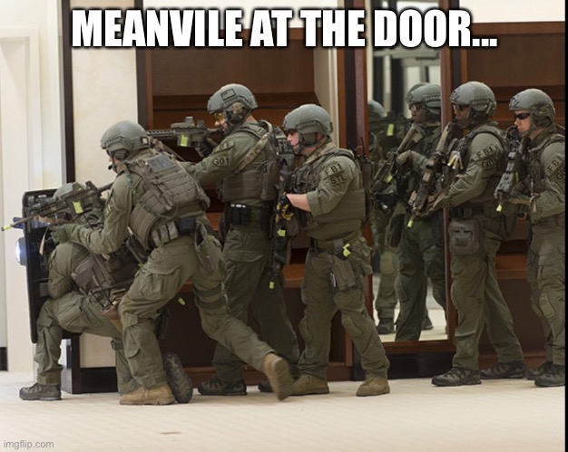 FBI SWAT | MEANVILE AT THE DOOR... | image tagged in fbi swat | made w/ Imgflip meme maker