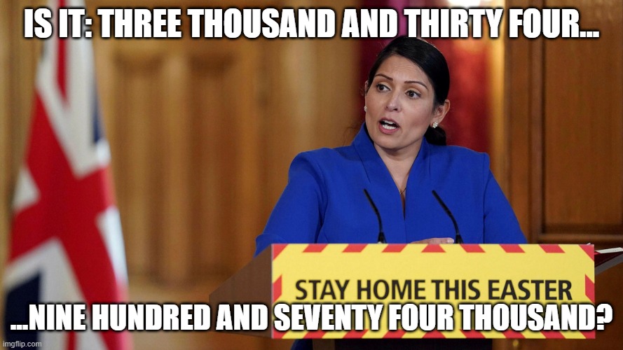 Priti Little Numbers | IS IT: THREE THOUSAND AND THIRTY FOUR... ...NINE HUNDRED AND SEVENTY FOUR THOUSAND? | image tagged in priti little numbers | made w/ Imgflip meme maker