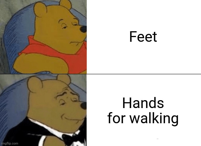 Tuxedo Winnie The Pooh | Feet; Hands for walking | image tagged in memes,tuxedo winnie the pooh | made w/ Imgflip meme maker