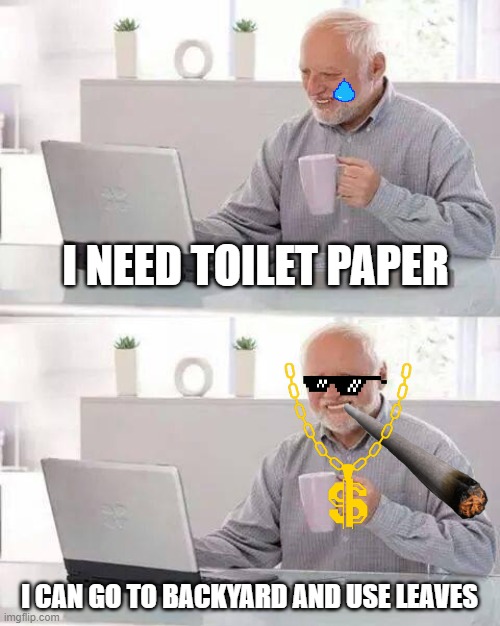 Hide the Pain Harold | I NEED TOILET PAPER; I CAN GO TO BACKYARD AND USE LEAVES | image tagged in memes,hide the pain harold | made w/ Imgflip meme maker