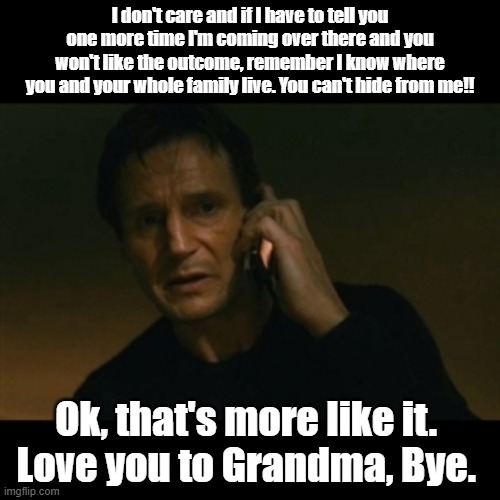 Liam Neeson Taken | I don't care and if I have to tell you one more time I'm coming over there and you won't like the outcome, remember I know where you and your whole family live. You can't hide from me!! Ok, that's more like it. 
Love you to Grandma, Bye. | image tagged in memes,liam neeson taken | made w/ Imgflip meme maker