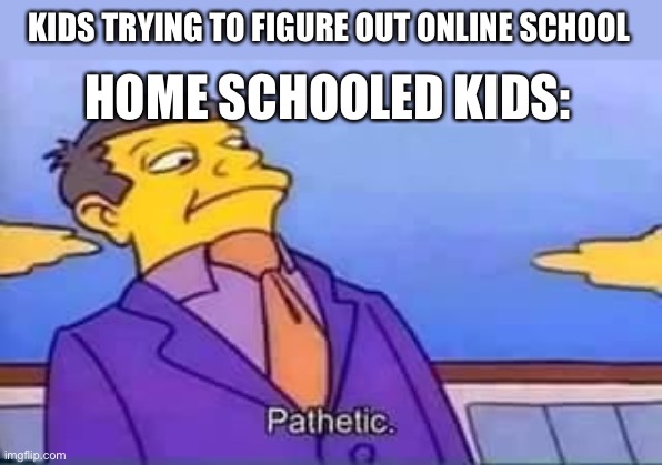 skinner pathetic | KIDS TRYING TO FIGURE OUT ONLINE SCHOOL; HOME SCHOOLED KIDS: | image tagged in skinner pathetic,memes,coronavirus,middle school | made w/ Imgflip meme maker
