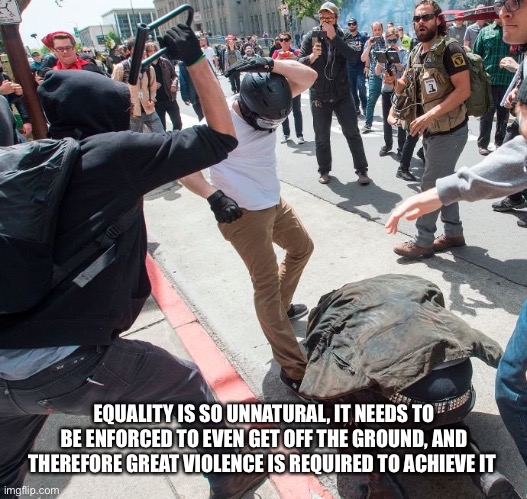 Antifa violence | EQUALITY IS SO UNNATURAL, IT NEEDS TO BE ENFORCED TO EVEN GET OFF THE GROUND, AND THEREFORE GREAT VIOLENCE IS REQUIRED TO ACHIEVE IT | image tagged in antifa violence | made w/ Imgflip meme maker