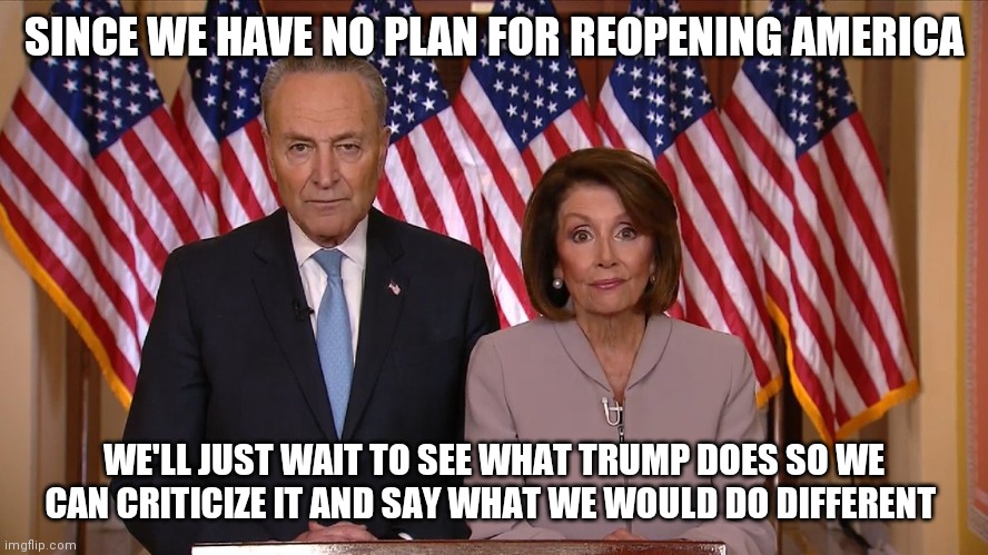 Chuck and Nancy | SINCE WE HAVE NO PLAN FOR REOPENING AMERICA; WE'LL JUST WAIT TO SEE WHAT TRUMP DOES SO WE CAN CRITICIZE IT AND SAY WHAT WE WOULD DO DIFFERENT | image tagged in chuck and nancy | made w/ Imgflip meme maker