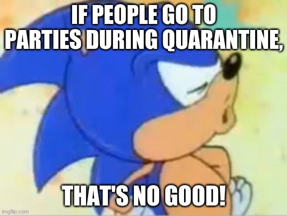 sonic that's no good | IF PEOPLE GO TO PARTIES DURING QUARANTINE, THAT'S NO GOOD! | image tagged in sonic that's no good | made w/ Imgflip meme maker