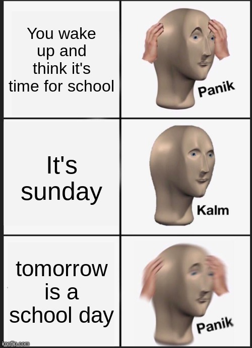 Panik Kalm Panik Meme | You wake up and think it's time for school; It's sunday; tomorrow is a school day | image tagged in memes,panik kalm panik | made w/ Imgflip meme maker