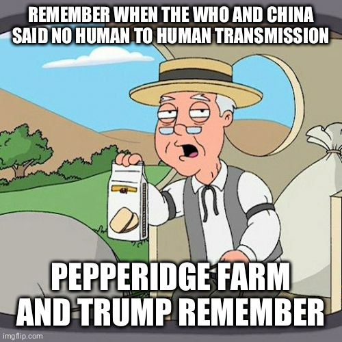 Pepperidge Farm Remembers | REMEMBER WHEN THE WHO AND CHINA SAID NO HUMAN TO HUMAN TRANSMISSION; PEPPERIDGE FARM AND TRUMP REMEMBER | image tagged in memes,pepperidge farm remembers | made w/ Imgflip meme maker