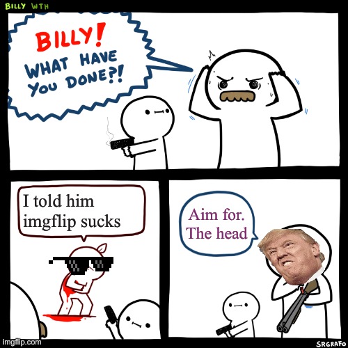 Billy, What Have You Done | I told him imgflip sucks; Aim for. The head | image tagged in billy what have you done | made w/ Imgflip meme maker