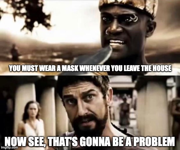 Mask Hysteria | YOU MUST WEAR A MASK WHENEVER YOU LEAVE THE HOUSE; NOW SEE, THAT'S GONNA BE A PROBLEM | image tagged in face mask,covid-19,coronavirus,hysteria,idiots,sheeple | made w/ Imgflip meme maker