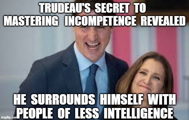 TRUDEAU'S  SECRET  TO   MASTERING   INCOMPETENCE  REVEALED; HE  SURROUNDS  HIMSELF  WITH  PEOPLE  OF  LESS  INTELLIGENCE | image tagged in justin trudeau,incompetence,coronavirus | made w/ Imgflip meme maker