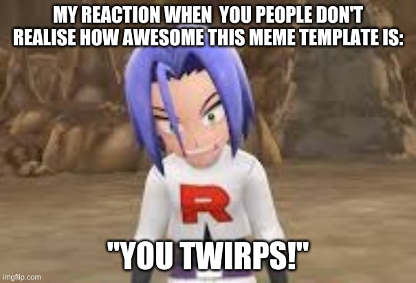 "Twirps!" James Team Rocket | MY REACTION WHEN  YOU PEOPLE DON'T REALISE HOW AWESOME THIS MEME TEMPLATE IS:; "YOU TWIRPS!" | image tagged in twirps james team rocket | made w/ Imgflip meme maker