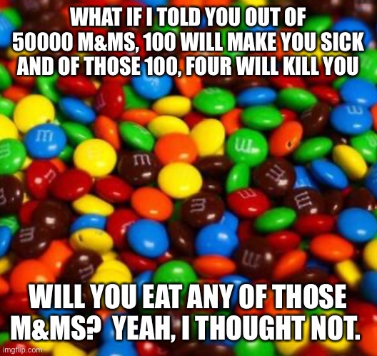 Be thankful COVID-19 isn’t as tasty as M&Ms | WHAT IF I TOLD YOU OUT OF 50000 M&MS, 100 WILL MAKE YOU SICK AND OF THOSE 100, FOUR WILL KILL YOU; WILL YOU EAT ANY OF THOSE M&MS?  YEAH, I THOUGHT NOT. | image tagged in covid-19 | made w/ Imgflip meme maker