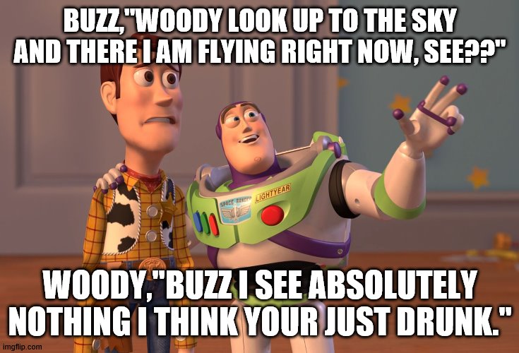 X, X Everywhere | BUZZ,"WOODY LOOK UP TO THE SKY AND THERE I AM FLYING RIGHT NOW, SEE??"; WOODY,"BUZZ I SEE ABSOLUTELY NOTHING I THINK YOUR JUST DRUNK." | image tagged in memes,x x everywhere | made w/ Imgflip meme maker