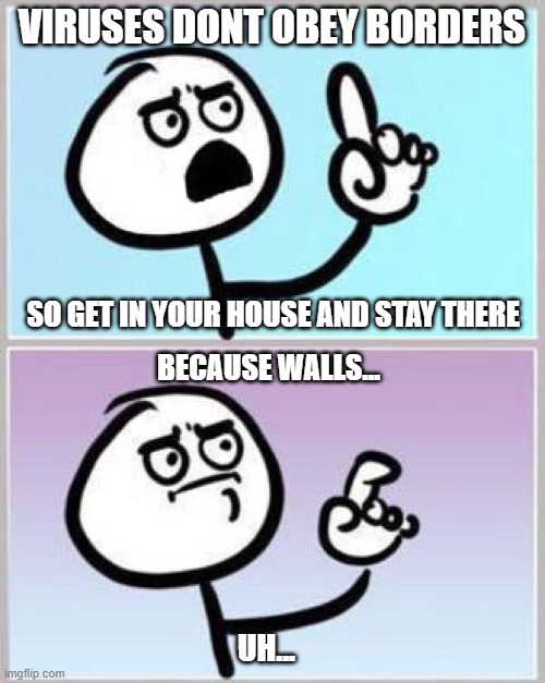 Wait what? | VIRUSES DONT OBEY BORDERS SO GET IN YOUR HOUSE AND STAY THERE BECAUSE WALLS... UH... | image tagged in wait what | made w/ Imgflip meme maker