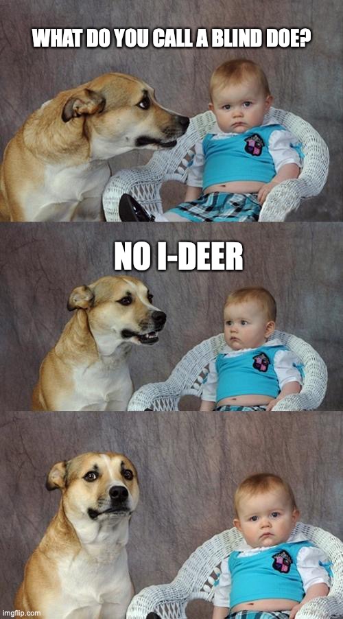 Dad Joke Dog | WHAT DO YOU CALL A BLIND DOE? NO I-DEER | image tagged in memes,dad joke dog | made w/ Imgflip meme maker