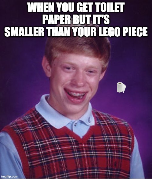 Bad Luck Brian Meme | WHEN YOU GET TOILET PAPER BUT IT'S SMALLER THAN YOUR LEGO PIECE | image tagged in memes,bad luck brian | made w/ Imgflip meme maker