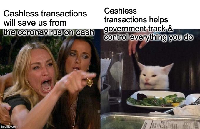 Woman Yelling At Cat Meme | Cashless transactions will save us from the coronavirus on cash Cashless transactions helps government track & control everything you do | image tagged in memes,woman yelling at cat | made w/ Imgflip meme maker