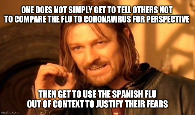 Simply a Hypocrite | ONE DOES NOT SIMPLY GET TO TELL OTHERS NOT TO COMPARE THE FLU TO CORONAVIRUS FOR PERSPECTIVE; THEN GET TO USE THE SPANISH FLU OUT OF CONTEXT TO JUSTIFY THEIR FEARS | image tagged in memes,one does not simply,hypocrisy,coronavirus,covid-19,2020 | made w/ Imgflip meme maker