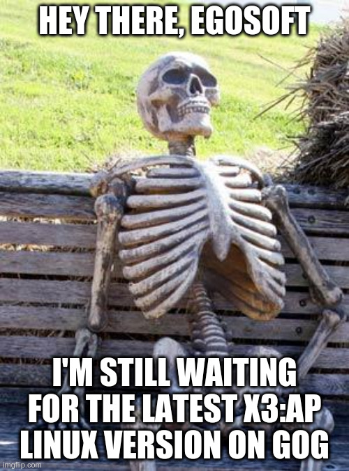 Waiting Skeleton Meme | HEY THERE, EGOSOFT; I'M STILL WAITING FOR THE LATEST X3:AP LINUX VERSION ON GOG | image tagged in memes,waiting skeleton | made w/ Imgflip meme maker